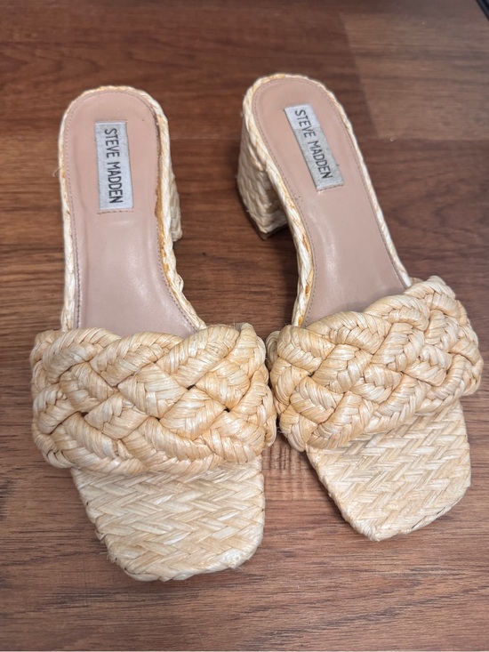 Steve Madden Shoes - Steve Madden Raffia Braided Block Heel Slides in Natural